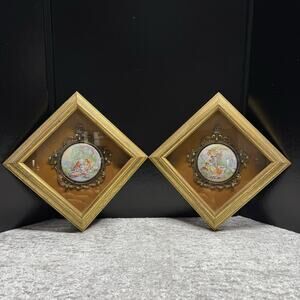 Victorian Porcelain Tile Painting In Shadow Box Frame Clifford Art Studios Vtg #